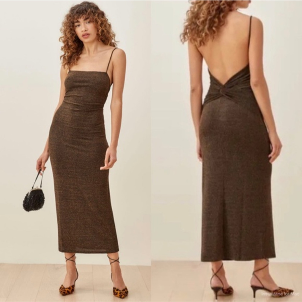 Reformation Breslin Dress Night Sky NWT XS Metallic Backless Cocktail Party Midi